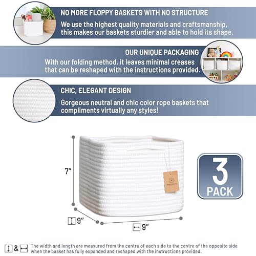 NaturalCozy Storage Cubes 9”x9”x7”Cotton Rope Woven Baskets for Organizing 3-Pack | 9 Inch Cube Storage Bin | Small Basket for Shelf Nursery, Pantry, Decorative Plant, Bathroom Closet, Toy Gift - color: Off White