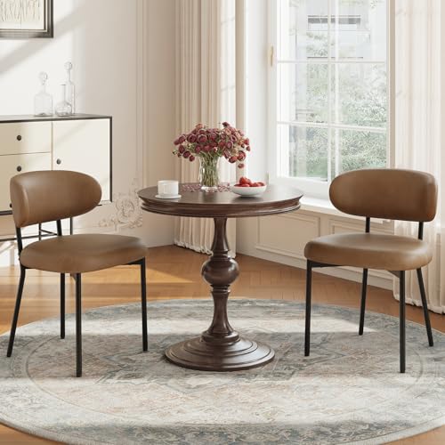 Upholstered Dining Chairs Set of 2, Modern Faux Leather Kitchen Chairs with Curved Backrest and Cushioned Seat, Sturdy Metal Legs, Modern Dining Chairs for Kitchen Dining Room,Living Room,Brown - color: Brown, size: Set of 2