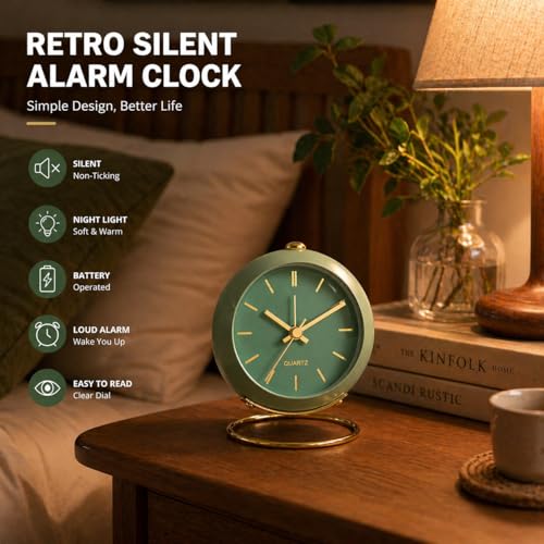 AYRELY® Battery Operated Analog Desk Alarm Clock with Light, Table Clock | Retro Aesthetic Clock with Silent Non-Ticking Movement for Bedside, Bedroom, Kitchen, Office, Travel & Kids' Room (Green) - color: Green