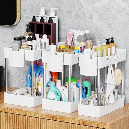 3 Pack Under Sink Organizer Bathroom and Storage Cabinet (White) | 2 Tier with Hanging Cups for Kitchen - color: White