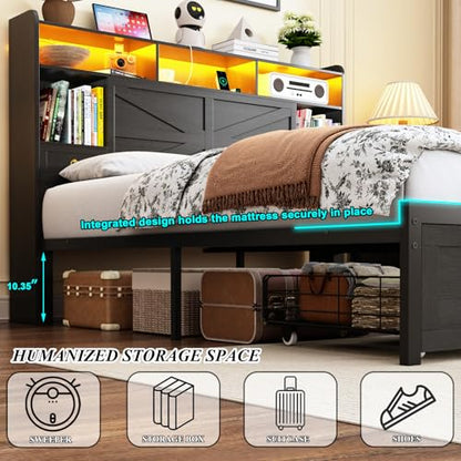 Full Bed Frame with Storage Headboard, Farmhouse Platform Bed Frame with Bookshelf, Drawers, LED Lights and Charging Station, Metal Slats Support, Noise Free, No Box Spring Needed, Black - size: Full