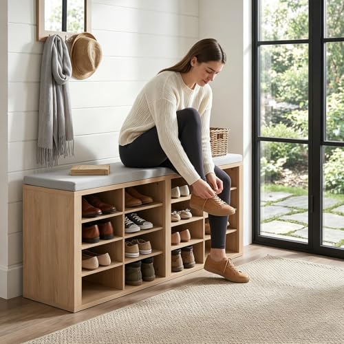 Shoe Storage Bench with Cushion Shoe Rack for Entryway 16 Cubby Multifunctional Organizer Bench Entryway with Soft Sponge Cushion for Hallway Living Room Bedroom (Wood & Light Gray) - color: Wood & Light Gray