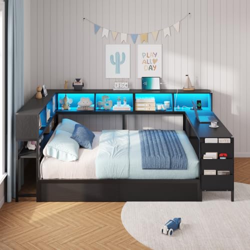 DICTAC Corner Full Bed Frame with Desk, Charging Station and Bookcase Storage, Full Size Platform Bed Frame with Storage Drawers, Led Lights and Shelves, Modern Daybed for Kids, Teens and Adult, Black - color: Black, size: Full