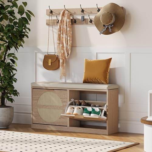 LUMTOK Shoe Storage Bench with 2 Coat Racks & Padded Cushion, Rattan Entryway Bench with 2 Flip Drawers，Narrow Shoes Storage Cabinet with Hooks for Hallway, Living Room, Bedroom