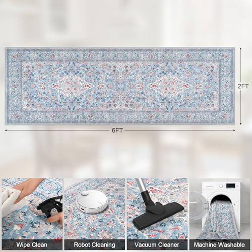 Blue Washable Vintage Runner Rug, 2x6 Boho Bedroom Area Rugs, Soft Non Slip Floral Entryway Carpet Runners, Indoor Low Pile Carpets for Kitchen Hallway Bedside - color: Blue, size: 2' x 6' (Rectangular)