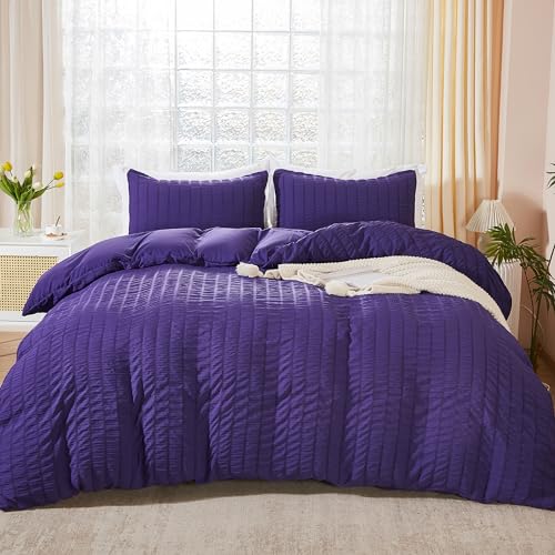 AveLom Seersucker Duvet Cover Set Queen Size (90 x 90 inches), 3 Pieces (1 Duvet Cover, 2 Pillow Cases), Dark Purple Ultra Soft Washed Microfiber, Textured Duvet Cover with Zipper Closure, Corner Ties - color: Dark Purple, size: Queen(90''x90'')