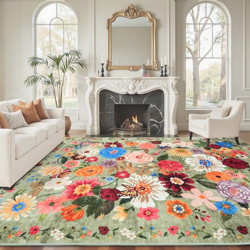 Floral Area Rug 9x12 for Living Room Bedroom | Low Pile; Non Slip;Machine Washable; Ideal for Dining Room; Easy to maintain; Perfect for home decor - color: Green, size: 9' x 12' (Rectangular)