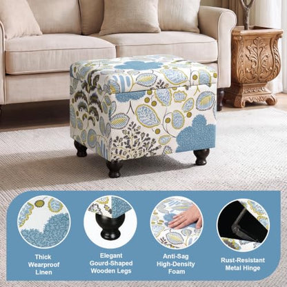 Adeco Colorful Storage Ottoman with Storage, 21" Linen Fabric Ottoman Foot Rest Stool with Hinged Lid with Blue Leaf Pattern, 360 LB Load Capacity, Living Room, Bedroom, Entryway - color: Blue Leaf Pattern