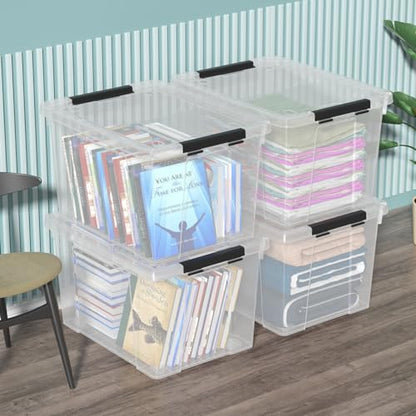 4 Pack 50 Quart Clear Plastic Storage Bins with Lids and Wheels | Large Stackable Latching Container Boxes for Clothes, Bedding, Garage Organization - size: 50 Quart