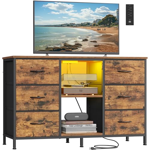 SONGMICS BELLAH Collection - TV Stand for TVs Up to 55 Inches, Dresser for Bedroom, Living Room, Chest of Drawers, Steel, 6 Drawers and 2 Shelves, Industrial, Rustic Brown ULGS032K101S - color: Rustic Brown, size: 11.8"D x 44.8"W x 26.8"H (6 Drawers)