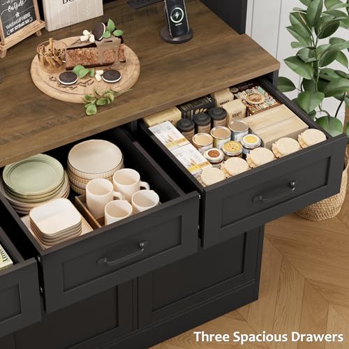 HOSTACK Kitchen Pantry Cabinet, Tall Kitchen Hutch Cabinet, Black/Brown | 47"W Food Pantry Cabinet with Smart LED / Charging Station / Countertop / 3 Large Drawers, 72"H Storage Hutch for Dining Room - color: Black/Rustic Brown