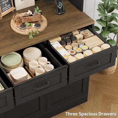 HOSTACK Kitchen Pantry Cabinet, Tall Kitchen Hutch Cabinet, Black/Brown | 47"W Food Pantry Cabinet with Smart LED / Charging Station / Countertop / 3 Large Drawers, 72"H Storage Hutch for Dining Room - color: Black/Rustic Brown