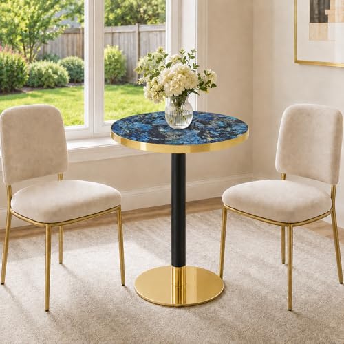 TesNus 23.6" Small Round Dining Table for 2, Circle Tulip Table, Faux Marble Top with Gold Metal Pedestal Base, Modern Leisure Coffee Table for Small Spaces, Cafe, Office, Blue&Gold - color: Blue Top&black Leg&gold Base