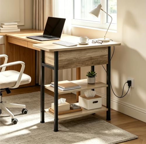 WLIVE 3-Tier End Table with Charging Station Flip Top Narrow Nightstand | 2 USB Ports+2 AC Outlets; Flip Top Hidden Storage; 2 Open Shelves; Small Space Living Room Bedroom; Sturdy Carbon Steel Frame - color: Greige