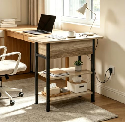 WLIVE 3-Tier End Table with Charging Station Flip Top Narrow Nightstand | 2 USB Ports+2 AC Outlets; Flip Top Hidden Storage; 2 Open Shelves; Small Space Living Room Bedroom; Sturdy Carbon Steel Frame - color: Greige