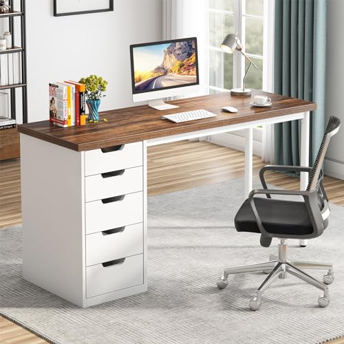 Tribesigns Computer Desk with 5 Drawers, 47 inches Rustic Brown Home Office Desk with Storage, Modern Simple Laptop Desk Study Writing Table for Small Spaces (1, Brown+White) - color: Brown+white