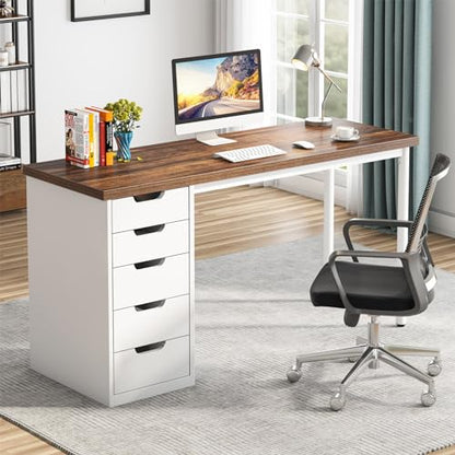 Tribesigns Computer Desk with 5 Drawers, 47 inches Rustic Brown Home Office Desk with Storage, Modern Simple Laptop Desk Study Writing Table for Small Spaces (1, Brown+White) - color: Brown+white