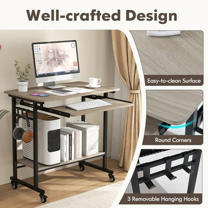 Tangkula Rolling Computer Desk Cart with Keyboard Tray, Mobile Portable Laptop PC Desk with CPU Stand & 3 Hooks for Sofa & Bed, Compact Small Desk on Wheels for Small Spaces (Grey) - color: Grey