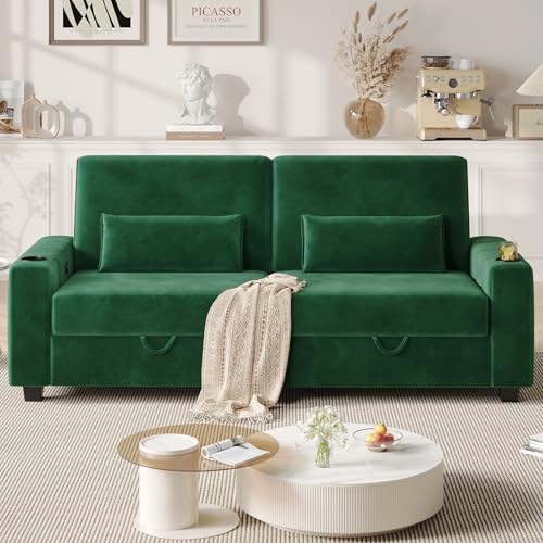COPIAE Loveseat Sofa, Larger Couch Velvet Fabric with Storage, Charging Ports, Heightened Backrests, Removable Cover Modern Comfy Couches Easy Assembly for Living Room, 88 Inch Green - color: Green
