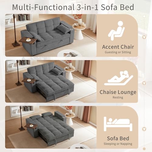 65'' 3-in-1 Folding Convertible Sofa Bed, Queen Size Pullout Sofa, Modern Chenille Fabric, 360° Swivel Side Table, Easy Assembly, Perfect for Living Room - color: Dark Grey-a