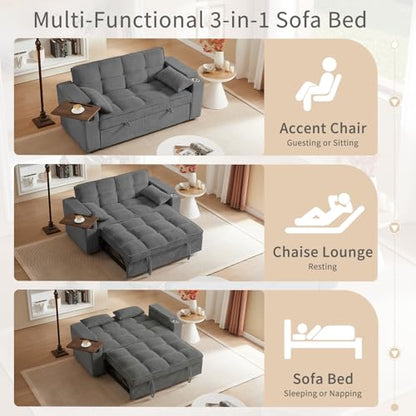65'' 3-in-1 Folding Convertible Sofa Bed, Queen Size Pullout Sofa, Modern Chenille Fabric, 360° Swivel Side Table, Easy Assembly, Perfect for Living Room - color: Dark Grey-a