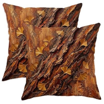 Ginkgo Leaves Throw Pillow Covers Set of 2, Natural Rustic Bark Texture Wood Grain Fall Brown Soft Velvet Washable Couch Pillow Covers for Living Room Bedroom Loft Office Car Decor 14x14 Inch - size: 14" x 14" (Pack of 2)