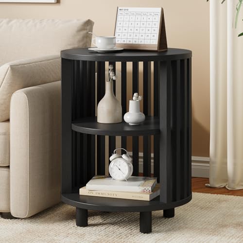 Round End Table, Wood Bedside Table, Mid Century Modern Nightstand with Open Storage Shelf, 3 Tier Small Side Tables for Living Room, Bedroom, Curved Profile Design, Black(1-Pack) - color: Black, size: 19" H
