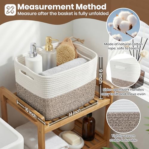 Storage Baskets for Organizing, 14 x 10 x 9” Closet Shelf Woven Baskets, Square Bins with Handles, Cotton Rope Basket for Clothes, Office, Room, White+Dark brown 1 Pack - color: White+Dark brown, size: 1pc