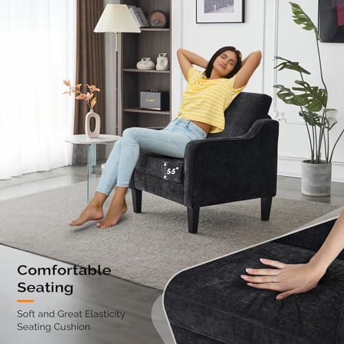 VINGLI Chair Black Upholstered Chenille Accent Chair for Living Room, Bedroom, Mid-Century Modern Arm Chair Comfy Reading Chair with Scooped Arms - color: Black