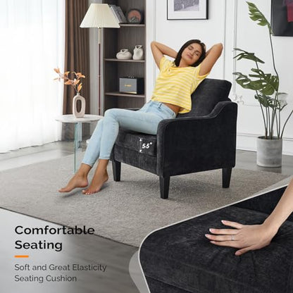 VINGLI Chair Black Upholstered Chenille Accent Chair for Living Room, Bedroom, Mid-Century Modern Arm Chair Comfy Reading Chair with Scooped Arms - color: Black