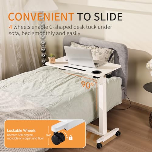Adjustable Hospital Overbed Table with Drawer, Wheels, Cup Holder | Adjustable Height Rolling Laptop Over Bed Desk, Portable Medical Bedside Tray with Storage, Slot, Pneumatic Home Cart| White - color: White