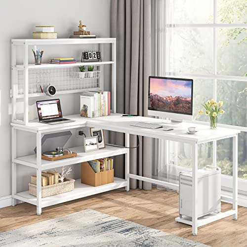 Tribesigns 55" Computer Desk Large Office Desk Study Table (All White) | L-Shaped Writing Desk Workstation with Hutch, Wireless Charging, Open Storage Shelves, and Movable CPU Stand for Home Office - color: All White