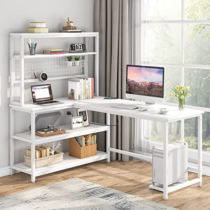 Tribesigns 55" Computer Desk Large Office Desk Study Table (All White) | L-Shaped Writing Desk Workstation with Hutch, Wireless Charging, Open Storage Shelves, and Movable CPU Stand for Home Office - color: All White