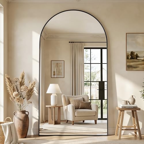44"×82" Arched Full Length Floor Mirror, Standing Mirror with Aluminum Frame, Large Body Mirror of Free Standing/Wall Mount/Leaning for Bedroom, Living Room, Dressing Room, Black - color: Black, size: 82"L x 44"W