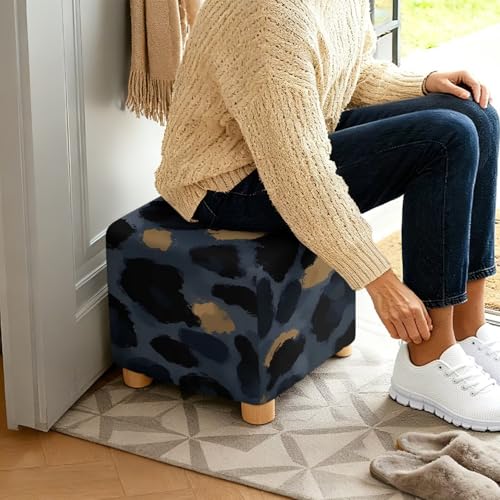 Black Golden Leopard Print Ottoman Cover Square, Washable Small Ottoman Cover - Stretch Ottomans Slipcover, with Elastic Band, Soft for Storage Stools - color: Black Golden Leopard
