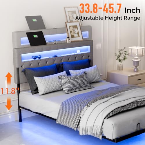 VINGLI Full Size Floating Bed Frame with LED Lights, Adjustable Velvet Upholstered Bed with Charging Station, Modern Metal Full Bed, Easy Assembly, No Box Spring Needed, Grey - color: Grey, size: Full
