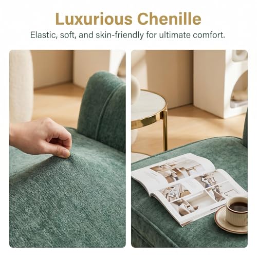 Modern Green Chenille Loveseat Couch Futon Small Sofa with Gold Metal Legs | 2-Seater Upholstered Mini Sofa Couches for Small Space Living Room Bedroom Office Dorm Studio Apartment Love Seat Couche - color: Green