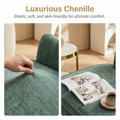 Modern Green Chenille Loveseat Couch Futon Small Sofa with Gold Metal Legs | 2-Seater Upholstered Mini Sofa Couches for Small Space Living Room Bedroom Office Dorm Studio Apartment Love Seat Couche - color: Green