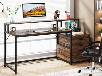 Tribesigns 63 Inch Computer Desk with File Drawer Cabinet, Ergonomic Desk | Office Desk with Monitor Stand, Computer Table with Printer Space, Wood PC Table Workstation Desk for Home Office - color: Rustic Brown
