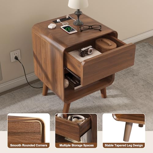 Nasonet Small Night Stand Set 2, 17.7'' Wide Bedside Table with Charging Station, Mid Century Modern Nightstands with Drawers, End Table for Living Room, Curved Beveled Design, Walnut - color: Walnut, size: 1 Drawer
