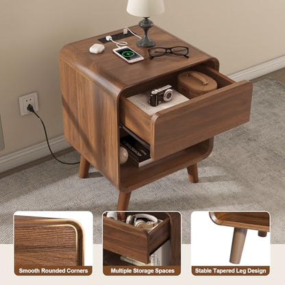 Nasonet Small Night Stand Set 2, 17.7'' Wide Bedside Table with Charging Station, Mid Century Modern Nightstands with Drawers, End Table for Living Room, Curved Beveled Design, Walnut - color: Walnut, size: 1 Drawer