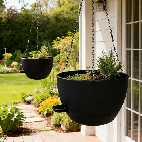 WOUSIWER Self Watering Hanging Planters, 2 Pack 12'' Plastic Pots with Drainage Holes & Reservoir Tray (Black) | Indoor & Outdoor Use for Ferns, Ivy, Herbs, Succulents - color: Black, size: 2 Pack 12 inches