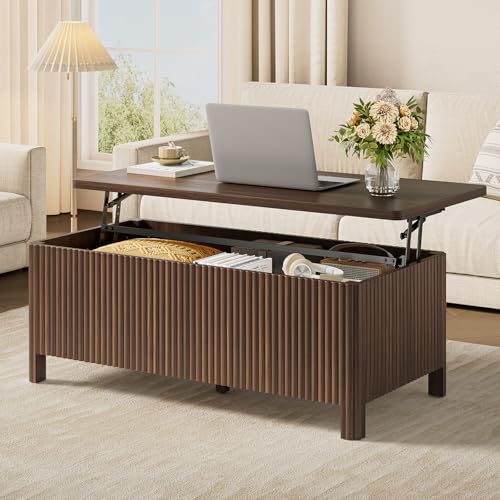 Fluted Lift Top Coffee Table with Storage, Mid Century Modern Coffee Table with Hidden Compartment, Rising Top Wood Center Table for Living Room, Home Office, Rounded Edges (Walnut) - color: Walnut