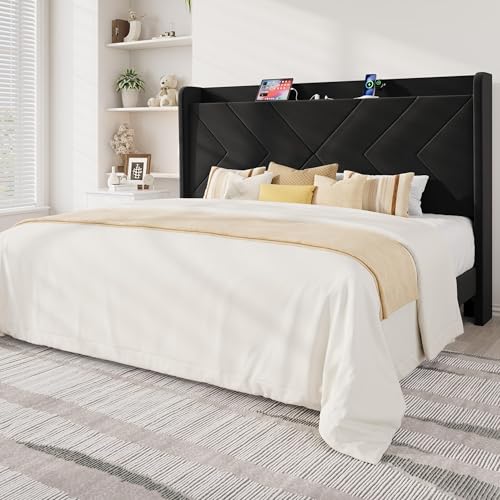 Allewie King Size Platform Bed Frame with Charging Station and Storage Shelf/Upholstered Velvet Wingback Headboard/Wooden Slats Support/No Box Spring Needed/Easy Assembly, Black - color: Black, size: King
