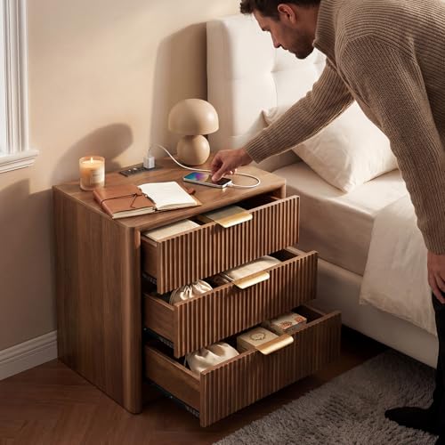 LYNCOHOME 23" Fluted Nightstands Set of 2 with Charging Station, 3 Drawer Bedside Table, Modern Night Stand with Curved Edge, Wooden End Table for Bedroom, Rounded Night Stand with Storage, Walnut - size: 15.7"D x 22.8"W x 24.2"H（3 Drawers）