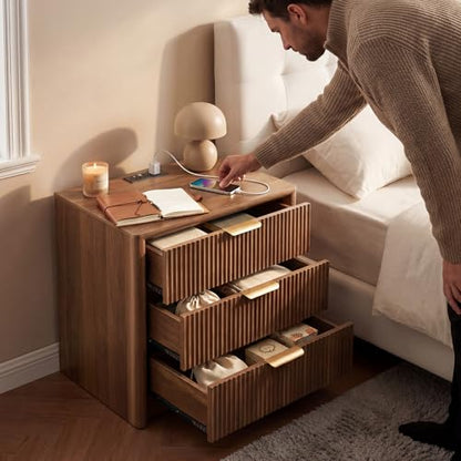 LYNCOHOME 23" Fluted Nightstands Set of 2 with Charging Station, 3 Drawer Bedside Table, Modern Night Stand with Curved Edge, Wooden End Table for Bedroom, Rounded Night Stand with Storage, Walnut - size: 15.7"D x 22.8"W x 24.2"H（3 Drawers）