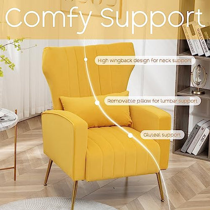 Modern Accent Chairs Set of 2, Comfy Wingback Armchair with Pillow Upholstered Sofa Chair Reading Chair for Bedroom, Living Room, Small Spaces Yellow Velvet - color: Y-ellow, size: Set of 2