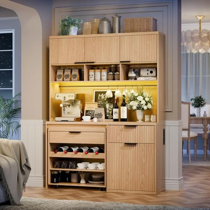 Gyfimoie 71" Large Pantry Cabinet with Wine Cart, Tall Kitchen Pantry Storage Cabinet with LED Light & Charging Station, Farmhouse Kitchen Hutch with Microwave Stand for Dining Room, Natural