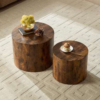 Round Nesting Coffee Table Set of 2 Living Room, No Assembly | Modern Wooden Center Tables, Tea Table for Apartment, Small Circle Accent End Table Set, Dark Brown - color: A-dark Brown