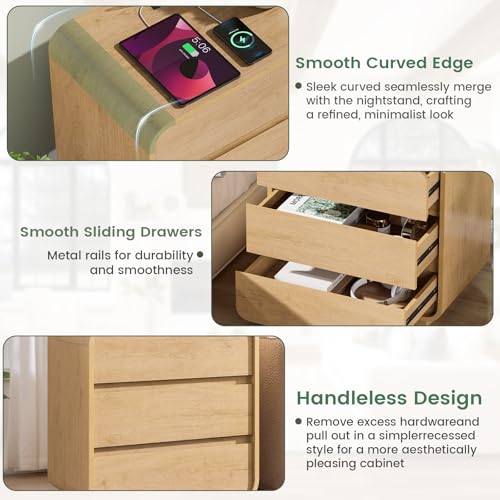 Standifurno Natural Curved Nightstand Set of 2, 23.2" Large Wood Bedside Table with 3 Drawers, Charging Station, Modern Side Table, Mid-Century End Table Night Stand for Bedroom Sofa - color: Natural, size: 3 Drawer(2PC)